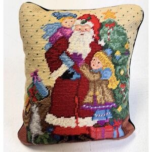 VTG Santa Little Girls Needlepoint Pillow Green Velvet‎ Handmade EUC